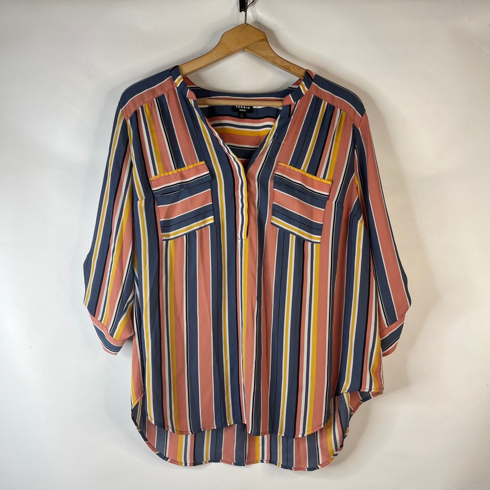 Torrid Harper Blouse Women 1 Multi-Color Striped Roll Tab Sleeve Split Neck Top